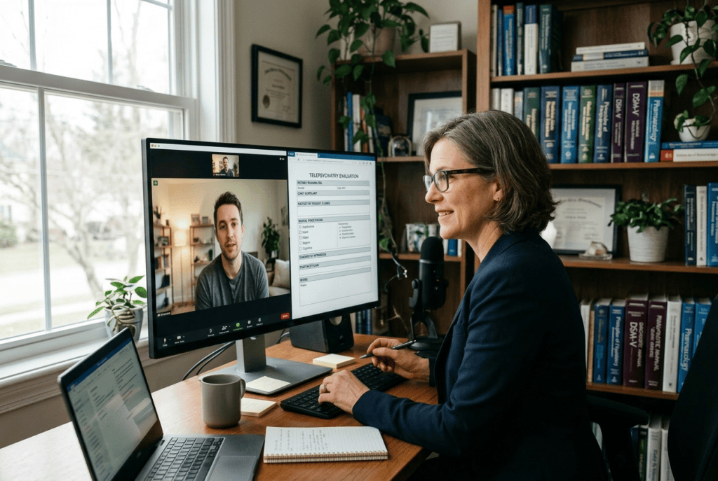 Telepsychiatry session with comprehensive evaluation on screen